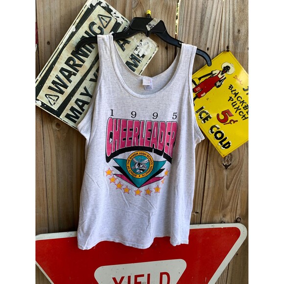 Vtg 1995 Bakersfield Cheerleader tank top in grey and pink cheerleader Size L - Picture 1 of 9